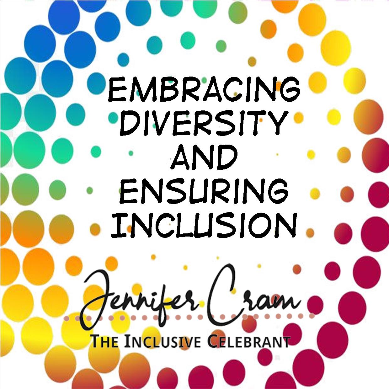 The words Embracing Diversity
              and Ensuring Inclusion enclosed in concentric circles of
              rainbow dots on a white ground